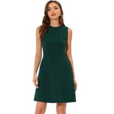 Solid Color A-line Mini Dress For Office, Solid A-line Mini Dress For Office, Office A-line Mini Dress, Elegant Plain A-line Midi Dress, Elegant Plain Dresses For Work, Green A-line Sleeveless Dress For Work, Elegant Plain Midi Dress For Work, Elegant Knee-length Plain Dresses, Formal A-line Mini Dress In Solid Color