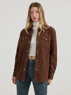 When cooler weather’s here to stay, you’ll want to wear our Women’s Corduroy Boyfriend Shirt every day. Offering a feminine take on the classic but looser look, this long-sleeve collared shirt is perfect for fall layering. It’s crafted for comfort from a soft corduroy fabric and finished with all the iconic Wrangler® details: Western-inspired yokes from front to back, chest pockets with flaps and the signature “W” embroidery, as well as a full pearl snap closure. Fall Layering, Fall Layers, Corduroy Fabric, Boyfriend Shirt, Cooler Weather, Collared Shirt, Women's Tops, Collar Shirts, Snap Closure