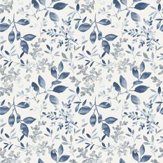 a blue and white wallpaper with leaves and branches on the back drop in shades of grey