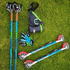 some skis and poles laying on the grass