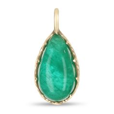 Featured here is a stunning, pear cabochon Colombian emerald pendant in fine 14K yellow gold. Displayed is a deep-green emerald prong-set in a prong setting. The earth mined, green Colombian emerald has an incredible green color with clean clarity considering its whopping size. This is an excellent gift for a May baby or for someone who simply loves emeralds. Total Carat Weight: 16.57cts  Setting Style: Prong Set Setting Material: 14K Yellow Gold  Main Stone:  Emerald Shape: Pear Cut: Cabochon Weight: 16.57cts  Clarity: Translucent  Color: Green Green Luster: Good Treatment: Natural, Oiled  Origin: Colombia  Keep in mind we custom create all of the items listed here. If you have a special request for a custom created item please contact us at 1 800 840 6828. Complimentary Priority Mail shi Luxury Pear-shaped Emerald Gemstone Necklace, Luxury Green Pear-shaped Emerald Necklace, Luxury Teardrop Emerald Necklace With 17 Jewels, Teardrop Emerald Gemstone Necklace For Formal Occasions, Green Briolette Emerald Necklace, Fine Jewelry Emerald Necklace With Pear Gemstone, Pear-shaped Emerald Necklace In Fine Jewelry Style, Luxury Teardrop Cabochon Jewelry, Luxury Teardrop Emerald Necklace Gift