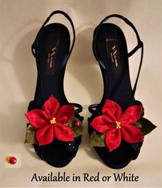 Looking for shoe clips for a Christmas wedding? These red or white crushed velvet shoe clips would be great for the bride, bridesmaids, or even the flower girl! Or, in general, could there be a better way to get into the Christmas spirit than clipping these adorable poinsettias to your shoes?  Perfect for any party or holiday get-together, you will find everyone looking down at your shoes!  (If you're shy like me, that might actually be a pretty good thing...) -- Made from red or white crushed velvet, with a center of tiny stamens, and two crushed velvet leaves.  -- Approximately 3 inches in diameter.    -- The part of the clip which touches your shoe is covered with felt, in order to protect your shoe. -- Comes as a set of 2 matching clips. -- Production time generally takes 3 - 5 days be Nana Clothes, 2000s Shoes, Bride Shoe, Velvet Shoe, Christmas Bride, Fun Shoes, Crushed Velvet Fabric, Christmas Shoes, Embellished Shoes