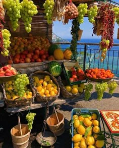 a bunch of fruit sitting on top of a table next to each other in front of the ocean