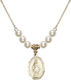 18" Hamilton Gold Plated Necklace With 6mm Faux-Pearl Beads Featuring A 14kt Gold Filled Miraculous Medal. Miraculous Medal, Gold Plated Necklace, Birthstone Necklace, 14kt Gold, Pearl Beads, Faux Pearl, Silver Gold, Gold Filled, Gold Plate