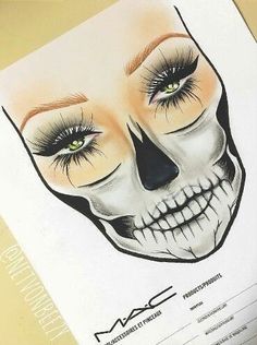 Mac Halloween Makeup, Halloween Skull Makeup Half Face, Halloween Skeleton Makeup Half Face, Skeleton Half Face Makeup, Face Chart Makeup Ideas Creative, Halloween Facechart, Half Face Skull Makeup, Skeleton Face Tattoo, Skeleton Makeup Half Face