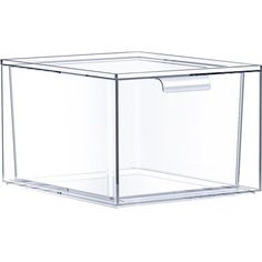 a clear plastic box with a handle on the top and bottom, for storing items