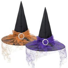 two witches hats with purple and orange ribbons on them, one has a ring in the middle