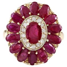 Stamped: 14K Yellow Gold Total Ring Weight: 6.3 Grams Total Natural Ruby Weight is 4.07 Carat Color: Red Total Natural Diamond Weight is 0.35 Carat Color: F-G, Clarity: VS2-SI1 Face Measures: 20.30x17.80 mm Sku: [703880W] Cluster Ring Set, Ruby Diamond Ring, Emerald Ring Gold, Yellow Gold Diamond Ring, Ruby Diamond Rings, Red Diamond, Gold Diamond Ring, Red Gemstones, White Gold Diamond Rings