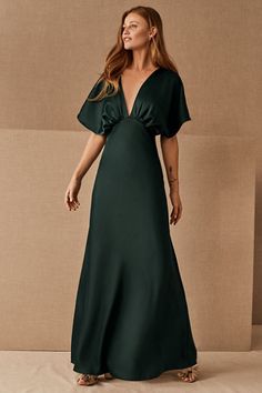 Leila Satin Charmeuse Maxi Dress - BHLDN Green Satin Bridesmaid Dresses, Islamorada Wedding, Emerald Green Bridesmaid Dresses, Bhldn Bridesmaid, Fantasy Outfits, Charmeuse Dress, Draped Bodice, Party Inspo, Green Bridesmaid