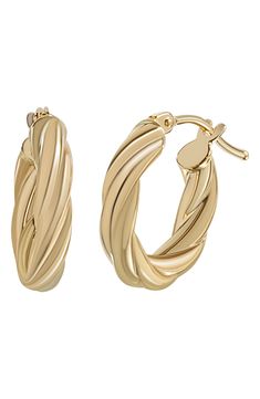 Handcrafted in Italy of gleaming 14-karat gold, these classic hoop earrings add a twist to your look for extra style points. Snap-post closure 14k gold Made in Italy Modern Formal Hoop Earrings With Polished Finish, Formal Hoop Earrings With Modern Twist And Polished Finish, Twisted 14k Yellow Gold Earrings, 14k Yellow Gold Twisted Earrings, 14k Gold Round Earrings With A Modern Twist, Modern Twist 14k Gold Round Earrings, Small Hoop Earrings With Modern Twist For Formal Occasions, Formal Small Hoop Earrings With A Modern Twist, Modern Twist Small Hoop Earrings For Formal Occasions