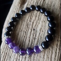 Handmade Genuine Amethyst & Obsidian Stretch Bracelet! Round 8mm Amethyst And Obsidian Beads. Silver Plated Spacers With Cubic Zirconia. Roughly 7" Bracelets Can Be Re-Strung To Smaller Or Larger Sizes! Offers Welcome! Bundle And Save! Natural Healing Crystals Stones Meditation Metaphysical Purple Black Black Crystal Gemstone Bracelet For Meditation, Black Amethyst 8mm Bead Bracelets, Black Amethyst Bracelets With 8mm Beads, Black Amethyst Bracelet With 8mm Beads, Black Amethyst Beads Jewelry 8mm, Black Amethyst 8mm Bead Jewelry, Black Amethyst Beaded Bracelets, Black Amethyst Gemstone Beaded Bracelets, Black Amethyst Beaded Bracelets Spiritual