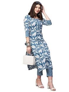 ANNI DESIGNER Women's Cotton Blend Straight Printed Kurta with Pant Salwar Kamiz, Anarkali Kurta, Straight Kurta, Kurta With Pants, Colored Pants, Traditional Wear, Blue Style, Kurta Set, Office Wear