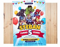 a birthday party flyer with an image of the avengers and spider - man characters on it