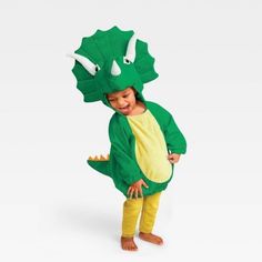 a little boy in a green dinosaur costume