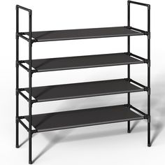 three tiered shelving unit with four shelves on each side and one shelf in the middle