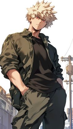 an anime character with blonde hair and black pants standing in front of a cityscape