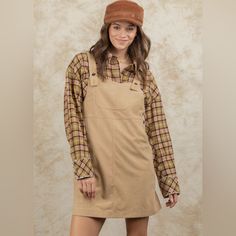 Corduroy Jumper Overall Dress Winter Corduroy Dress With Pockets, Casual Corduroy Winter Dress, Corduroy Dresses For Workwear, Casual Corduroy Dresses For Work, Corduroy Dresses For Spring, Casual Corduroy Dress With Pockets, Casual Spring Corduroy Dress, Spring Corduroy Dress For Workwear, Long Sleeve Brown Corduroy Dress