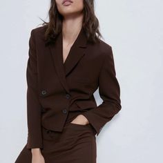 Zara Cropped Jacket With Front Flap Pockets. Front Double-Breasted Button Closure. Interior Lining. Size L, Could Fits Xl. Original Price $129. Armpit To Armpit: 22 Inches. Length 24”, Brand New With Tags Tailored Fall Blazer With Buttons, Brown Long Sleeve Blazer, Brown Blazer With Buttons And Lapel Collar, Fall Blazer With Suit Collar And Buttons, Brown Long Sleeve Blazer With Hidden Button Closure, Brown Double Button Blazer For Office, Fall Tailored Double-breasted Blazer, Elegant Brown Blazer With Button Cuffs, Brown Long Sleeve Blazer With Button Cuffs