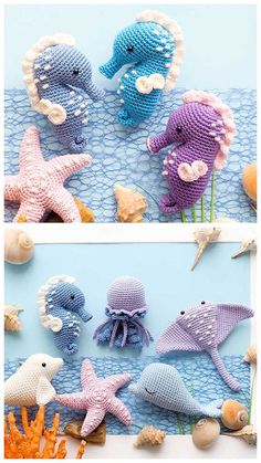 crocheted sea animals are displayed on a blue background with shells and starfish