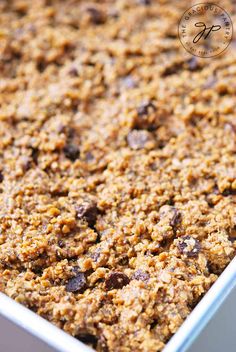 a pan filled with oatmeal and chocolate chips