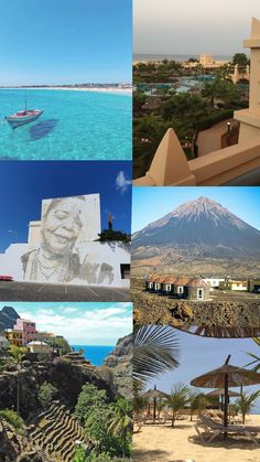 there are many different pictures in this collage that include mountains, buildings and boats