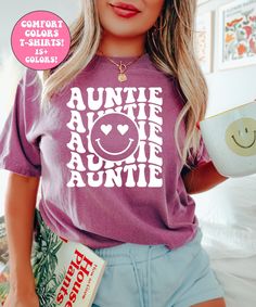 Retro Auntie Shirt, Auntie Shirt, Aunt Shirt Auntie Tee Shirts, Vinyl Shirt Designs Graphic Tees, Auntie Tshirt Ideas, Casual Relaxed Fit T-shirt With Funny Text, Casual Purple Shirt With Graphic Print, Purple Pre-shrunk T-shirt For Spring, Fun Short Sleeve Relaxed Fit Shirt, Purple Graphic Tee With Funny Print, Purple Short Sleeve Shirt With Text Print