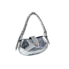 Silver metallic faux leather shoulder bag. The Ava bag is designed mainly with metals inspired by gothic subculture. Handmade in Georgia.  This item is handmade.Color: SilverMaterial: 100% faux leatherDetails: Non-adjustable shoulder strapDispatch Time: 2-3 business daysCare Instructions: Spot cleanSize: Length: 13" Wi Trendy Metal Shoulder Bag For Evening, Luxury Metal Bags With Chain Strap, Luxury Metal Bag With Chain Strap, Silver Evening Shoulder Bag, Silver Leather Clutch Shoulder Bag, Trendy Metal Shoulder Bag For Party, Silver Metal Shoulder Bag For Party, Clutch Shoulder Bag With Silver-tone Hardware, Silver Crossbody Shoulder Bag