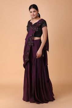 Purple pre-draped saree with tonal floral embroidery using sequins, cutdana and pipe work. Paired with a blouse with back cut-out and all over cutdana, sequin embroidery. - Aza Fashions Pre-draped Georgette Saree With Zari Work, Bollywood Designer Wear Sets With Draped Sleeves, Bollywood Sets With Draped Sleeves For Designer Wear, Bollywood Style Sets With Draped Sleeves For Designer Wear, Festive Designer Sets With Draped Sleeves, Festive Pre-draped Georgette Saree, Bollywood Style Festive Sets With Draped Sleeves, Bollywood Festive Sets With Draped Sleeves, Festive Bollywood Sets With Draped Sleeves