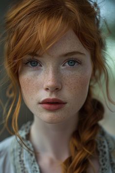 a red headed woman with freckled hair and blue eyes looks into the camera