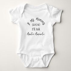 Funny Baby Bodysuit for Soon to be Aunt. Click on "Personalize" to change text, for additional customization (font color, font style, remove or move text, add photo), scroll down on "Personalize" and click on link "Edit using design tool" Funny Aunt Shirts For Babies, Aunt Onsies, Funny Aunt Onesie, Aunt Things, Aunt Baby Clothes, Baby Clothes Funny, Aunt Onesie, Making Baby Clothes, Onesie Ideas