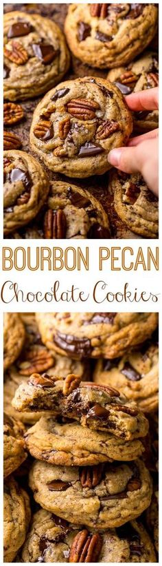 bourbon pecan chocolate cookies are stacked on top of each other and ready to be eaten