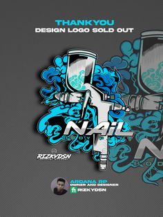 an image of a blue and white graffiti on a gray background with the words, thank you design logo sold out