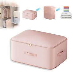 the pink suitcase is next to some folded towels and other items for storage on shelves