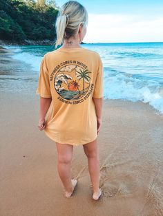 Happiness Comes in Waves Tee, Summer Graphic Tee, Beacht-shirt, Boho Tee, Vintage Inspired Cotton T-shirt, Unisex Tee, Comfort Colors Tee - Etsy Casual Yellow T-shirt For Vacation, Beach Cotton T-shirt With Front Print, Relaxed Fit Pre-shrunk Tops For Summer Adventures, Yellow Crew Neck T-shirt For Beach, Beach T-shirt With Sublimation Print, Summer Short Sleeve T-shirt With Text Print, Surfing Crew Neck T-shirt With Front Print, Beach Graphic Tees, Summer T-shirt With Sublimation Print And Relaxed Fit