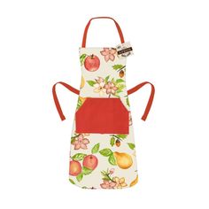 an apron that has apples and flowers on it, with red trim around the neck