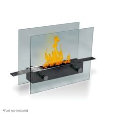 a glass fireplace with flames in it on a white background and the words fuft not included