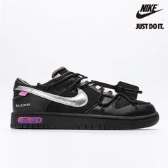 Off-White x Nike Dunk Low The 'Lot 50 of 50' Black Metallic Silver-DM1602-001-Sale Online Low Pink Dunks, Lot 50 Dunks, Shoes To Get, Cute Dunks, Shoes For Back To School, Off White Dunks, Pretty Sneakers, Off White X Nike, Trendy Shoes Sneakers