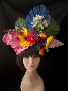 A fantastic fruity tropical headpiece to give off those tropical vibes. Decorated with artificial flowers and fruits this hat is a great addition to a summery celebration or festival.  This accessory will give you a unique image at any party, wedding ceremony. photoshoots etc Fruit Headdress, Tropical Headpiece, Halloween Costume Women, Costume Women, Millinery Hats, Tropical Fruits, Costume Hats, Unique Image, Halloween Kostüm