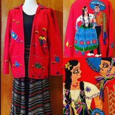 . Vintage 1940s-50s Handmade Mexican Tourist Jacket Red Felt With Highly Embellished Handsewn Couple On Back Agave Cactus Yarn Sequins Festive. Really Nice Example Of A Mexican Tourist Jacket From The 1940s-50s. This Jacket Is In Excellent Condition, Handmade In Mexico These Jackets Were The Perfect Souvenir At The Time. Red Felt With Handsewn Embellishments And The Dancing Couple On The Back, Agave Cactus, Sombreros, Kites, Pottery, Hibiscus 40" Chest When Held Together But Has No Closure. 1950s Western, Agave Cactus, Mexican Vintage, Womens Denim Vest, Upcycle Clothing, Vintage Western Wear, Tan Leather Boots, Dancing Couple, High Quality Boots