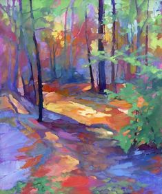 an oil painting of a path in the woods