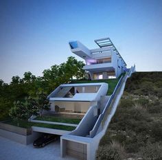 an artist's rendering of a house on a hill with grass growing on the roof