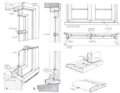 the drawings show different types of windows and their corresponding parts, including an open window sill