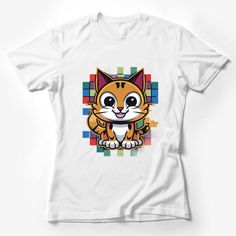 Cute Cartoon Cat T-Shirt, Colorful Pixel Art Kitten Tee, Unisex Graphic Tee for Cat Lovers, Casual Wear Female T-Shirt Custom graphic T-Shirt.Customize your color White Graphic Tee With Cat Design, Fun Short Sleeve T-shirt With Cat Print, Playful Cotton T-shirt With Cat Design, Playful Cat Design Crew Neck T-shirt, Playful Short Sleeve T-shirt With Cat Design, Playful Crew Neck T-shirt With Cat Design, Playful Cotton T-shirt With Cat Print, Playful Cotton Cat Print T-shirt, Colorful Pixel Art