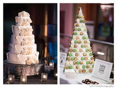 two pictures of a wedding cake with cookies on the top and another photo of a tree made out of cookies