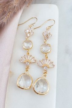 Gold Bridal Earrings With Clear Crystals Unique Art Deco - Etsy Sparkling Clear Jewelry For Wedding, Clear Sparkling Jewelry For Wedding, Elegant Clear Drop Earrings, Clear Drop Wedding Jewelry, Clear Drop Jewelry For Wedding, Clear Crystal Drop Earrings For Wedding, Clear Crystal Dangle Earrings, Clear Crystal Pierced Earrings, Elegant Clear Crystal Earrings For Anniversary