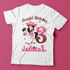 This is a Cowgirl Birthday Shirt. We have shirts available for the whole family. They are perfect for pictures and for parties. For more Cowgirl Party Supplies check our shop! Upgarde for long sleeve: https://www.etsy.com/listing/886339000/long-sleeve-shirt-upgrade?ref=shop_home_active_1&frs=1 This is a sublimated shirt on a 100% cotton shirt. It is NOT screen print or Vinyl. We do offer Glittery Vinyl upgrades just contact us for more information. There may be color a difference from image Pre-shrunk Pink Shirt For Birthday, Pink Character Print Tops For Birthday, Pink Shirt With Character Print For Birthday, Pink Character Print Shirt For Birthday, Personalized Pink T-shirt For Birthday, Pink Custom Print Birthday T-shirt, Pink Custom Print T-shirt For Birthday, Pink Graphic Print Shirt For Birthday Gift, Pink Graphic Print Shirt As Birthday Gift