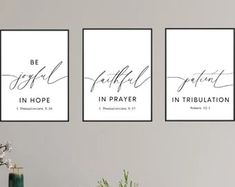 three wall art prints with the words be grateful, in hope and in prayer on them