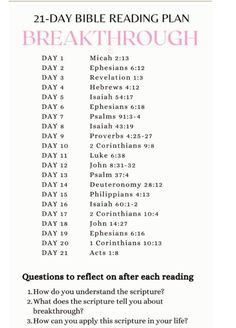 the 21 day bible reading plan is shown in pink and white, with text on it