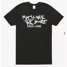 My Chemical Romance Tee From Hot Topic Nwt, Never Been Worn In Perfect Condition! Medium In Unisex Punk Black Tops With Logo Print, Edgy Black T-shirt With Logo Print, Edgy Cotton T-shirt With Logo Print, Black Edgy Shirt With Text Print, Edgy Black Shirt With Text Print, Black Edgy Pre-shrunk T-shirt, Punk Crew Neck T-shirt With Logo Print, Black Band Merch Shirt With Text Print, Sailor Moon Shirt