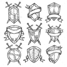 hand drawn shields and banners - decorative objects